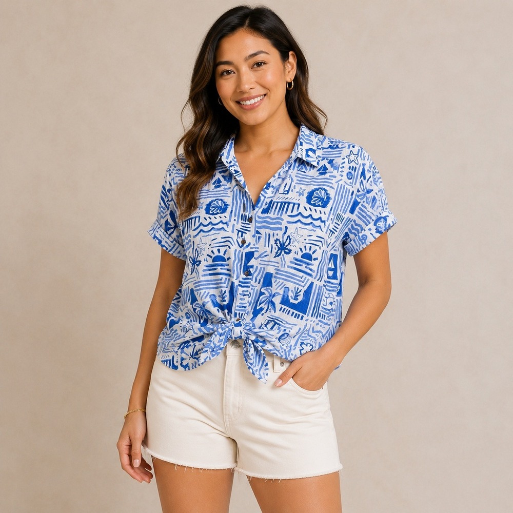 Sonoma Goods For Life Shirt Womens XL Blue White Nautical Front Tie Button Down